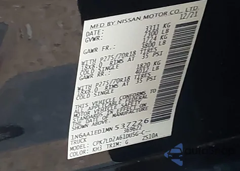 2021 Nissan Titan Pro-4X 4X4 from USA, damaged, VIN 1N6AA1ED1MN537226